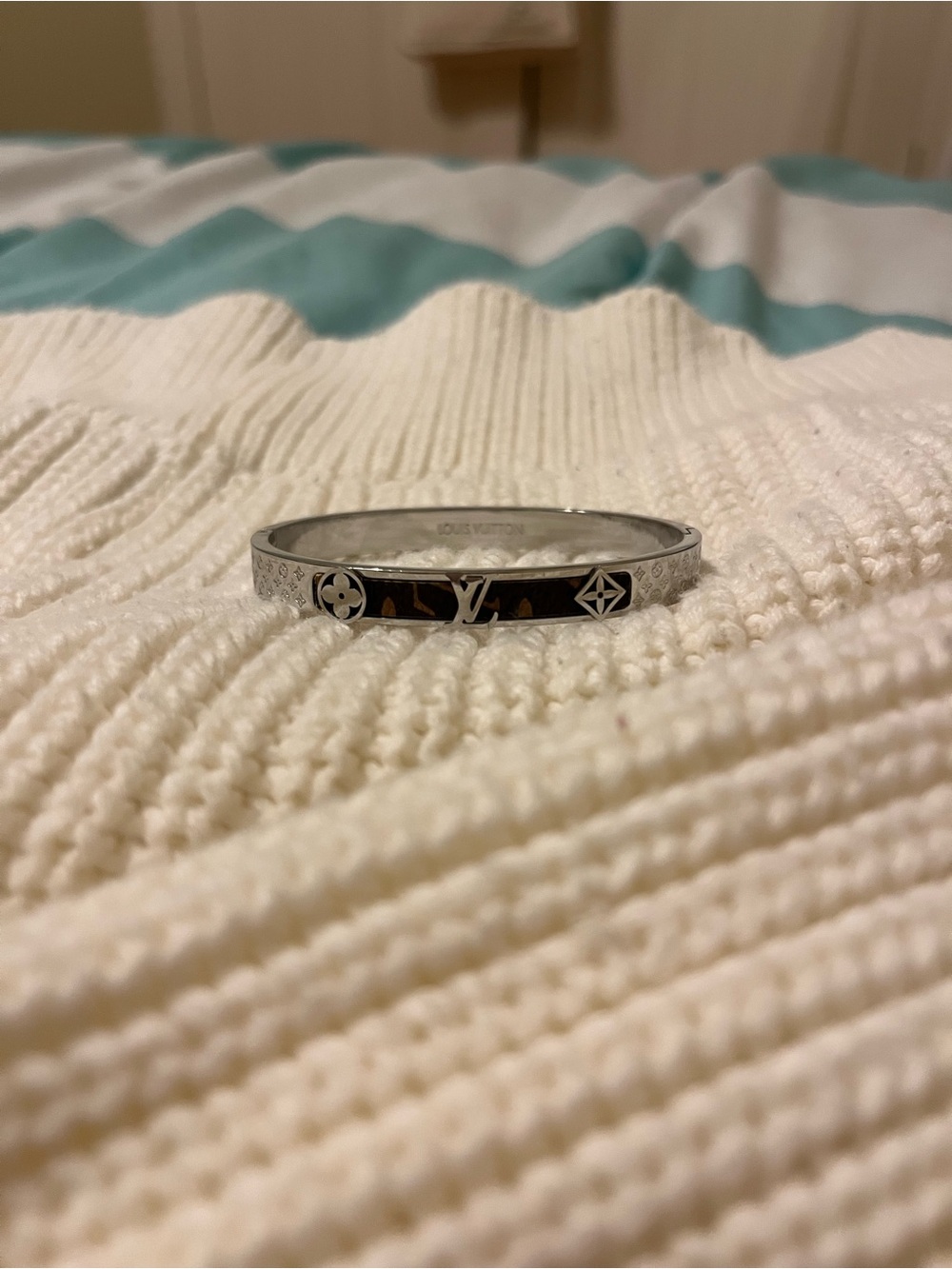 Louis Vuitton Silver Bracelet with Brown Monogram Inlay